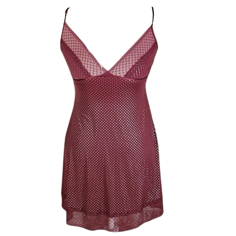 Victoria’s Secret Polka Dot Lace Trim Slip Dress Nightgown Chemise Burgundy XS